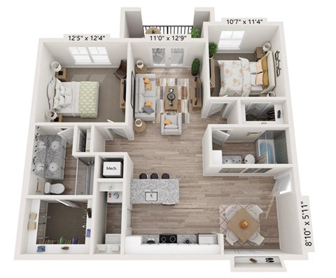a 3d floor plan of a home with a bedroom and living room